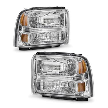 Imagem de Conjunto de farol de excursão Ford 2005 compatível com 05 06 07 Ford F250 F350 F450 F550 Super Duty com revestimento cromado refletor âmbar lado esquerdo e direito