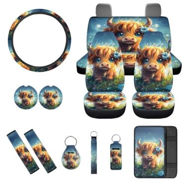 Imagem de gearider Conjunto de capas de assento de carro Highland Cow, 13 peças, com capas de cinto de segurança para volante, console central, porta-copos, chaveiro, suporte de batom, acessórios interiores