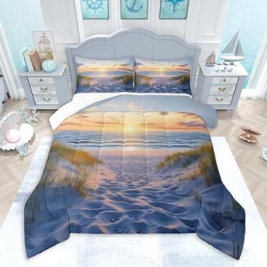 Imagem de Feelyou Conjunto de edredom Queen para pôr do sol e praia, oceano, litoral, paisagem natural, decoração de quarto, 3 peças, 1 edredom + 2 fronhas