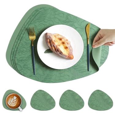 Imagem de Jogo americano de couro PU, conjunto de 4, tapetes de mesa florais em relevo em forma de gota d'água, resistente ao calor, para mesa de jantar, fácil de limpar (verde)