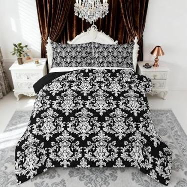 Imagem de Castle Fairy Conjunto de edredom vintage, branco e preto, boêmio, estilo vitoriano, floral, reversível, estilo gótico, damasco, renda, macio, acolchoado para meninas e adolescentes