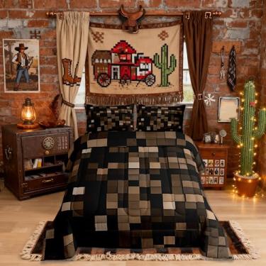 Imagem de Jogo de cama solteiro Pixel Grid Miners para meninas, videogame, xadrez, quadriculado, geométrico, moderno, xadrez, para meninas, meninos, adolescentes, decoração de quarto marrom para todas as