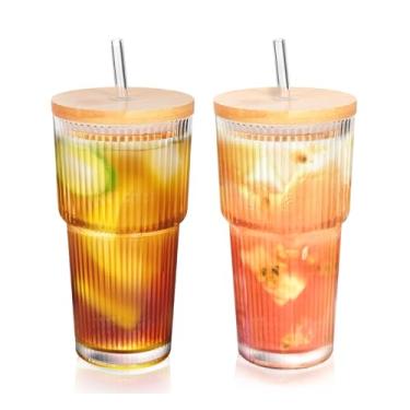 Imagem de YupURStyle Conjunto de 2 copos de vidro com tampas e canudos, copos de vidro vintage, copos de vidro modernos, copos canelados, 600 ml (2 pacotes de copos de 600 ml com tampa de madeira)