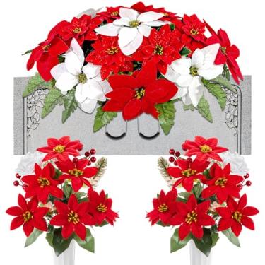 Imagem de Giegxin 3 peças de flores de cemitério de sela de flores de Natal para sepulturas vermelhas e brancas, buquês de memorial artificial com vaso para decoração de cemitério ao ar livre para lápide de