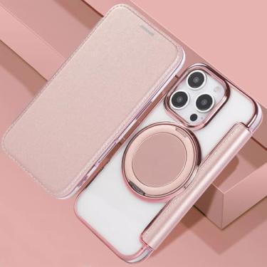 Imagem de IRTGFG Capa magnética com revestimento para iPhone 16 Pro Max, com suporte giratório e porta-cartões de couro (para iPhone 16 Pro Max/ouro rosa)