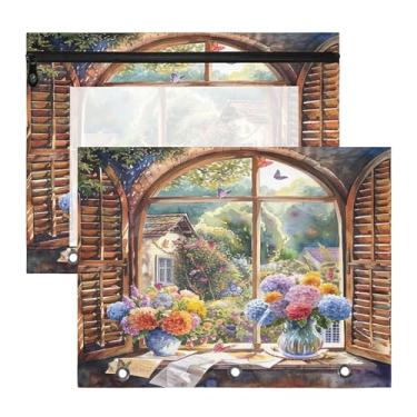 Imagem de SEHANY Pasta de lápis de flores de jardim com 3 anéis - bolsa de documentos com zíper tamanho A4 com janela transparente para sala de aula, escritório, 2 peças