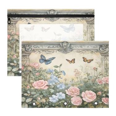 Imagem de SEHANY Pasta de lápis de flores de jardim com 3 anéis - bolsa de documentos com zíper tamanho A4 com janela transparente para sala de aula, escritório, 2 peças