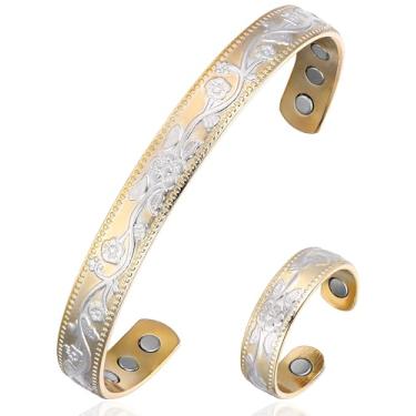 Imagem de BioMag Pulseira e anel de cobre para mulheres, pulseira magnética de cobre puro 99,99% anéis de drenagem linfática com ímãs de 3500 gauss, ajustável e padrão floral, ouro e prata