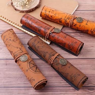 Imagem de Bolsa para lápis de couro PU, alça vintage, mapa do tesouro, bússola, organizador de armazenamento, bolsa retrô, porta-canetas, porta-rolos, bolsa de papelaria, bolsa de papelaria - café escuro