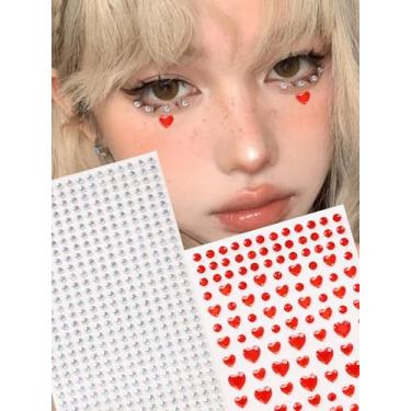 Imagem de 2 peças coração vermelho prata pequeno redondo y2k imitação strass feminino 3D rosto decoração broca de cabelo festival de música Halloween baile de máscaras para cabelo olhos rosto tatuagem