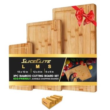 Imagem de SliceElite Conjunto de tábua de corte de bambu de 3 peças com pés de silicone e suporte