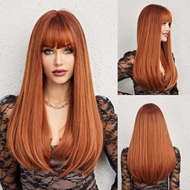 Imagem de HAIRCUBE Peruca Auburn com franja cabelo longo com franja cabelo vermelho aparência natural resistente ao calor peruca sintética diária festa adequada para mulheres elegantes 66 centímetros