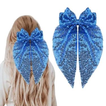 Imagem de Grampos de laço de cabelo de lantejoulas azuis, suporte de rabo de cavalo, prendedor de cabelo com nó de laço grande, acessórios de cabelo de princesa, fantasia para mulheres, meninas, glitter, festa