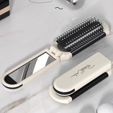 Imagem de Mini pente dobrável creme com espelho, escova de cabelo com almofada portátil, pente de cabelo dobrável de 180° com almofada de ar para estilo em movimento