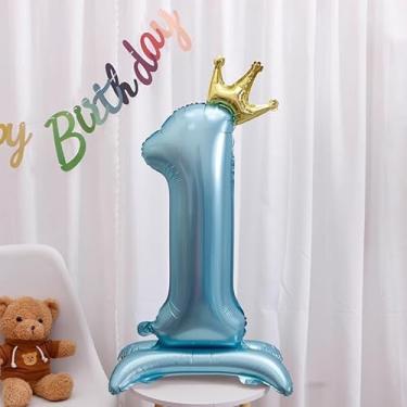 Imagem de Balões digitais de 101 cm rosa com números autofixos gigantes Mylar grande número 10 para decorações de aniversário de aniversário (azul 1)