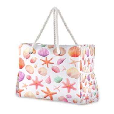 Imagem de Wassud Bolsa de praia com concha de estrela do mar, grande, para mulheres, impermeável, à prova de areia, bolsa de viagem com zíper e bolso para piscina, academia, acampamento