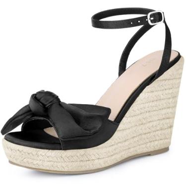 Imagem de Perphy Sandália de plataforma com nó de laço, salto cunha, fivela ajustável, tira no tornozelo, sandálias femininas, Preto, 40