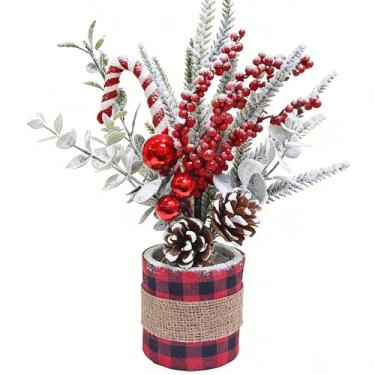 Imagem de Árvore de Natal de mesa de 32 cm com 2 pinhas, 3 bolas vermelhas, 3 hastes de frutas silvestres e bengala doce - Base de serapilheira xadrez de búfalo, mini decoração de férias artificial para mesas
