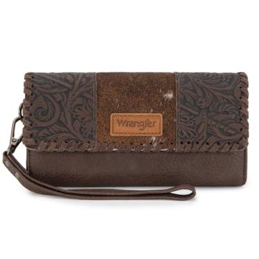Imagem de Montana West X Wrangler Western, carteiras femininas com três dobras, carteira clutch feminina de grande capacidade com porta-moedas, Crina de cavalo - café, Ocidental