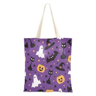 Imagem de JUZIHAI Sacola de lona de Halloween, bolsa temática reutilizável de morcego de Halloween Boo com bolso interno, bolsa de viagem para festa de compras de grande capacidade