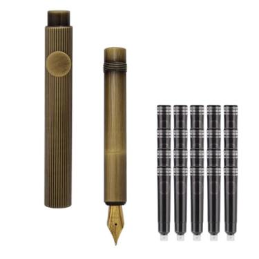 Imagem de SIPLIV Caneta-tinteiro bronze com bolso curto de parágrafo mini para viagem com 20 cartuchos de tinta preta - linha vertical, ponta fina de irídio (0,50 mm)