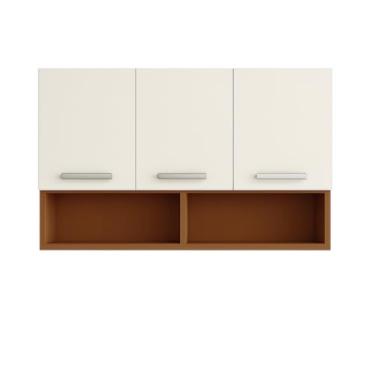 Imagem de Armário Aéreo Compacto 3 Portas em MDP com Nicho Armário para Cozinha Lavanderia Escritório Ideal para Ambientes Pequenos (Off White)