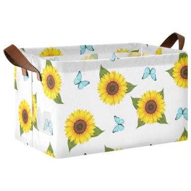Imagem de Organizador de roupas para armazenamento de suéteres, organizadores de brinquedos dobráveis e caixas de armazenamento com alças, organizador de cesta branca de girassóis e borboletas 17 x 29 x 25 cm