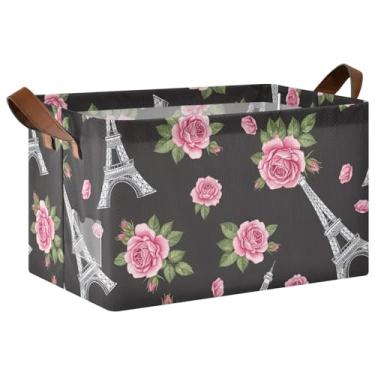 Imagem de Caixas de armazenamento florais Torres Eiffel com 2 alças, organizador de toalhas grande de 40 x 29 x 25 cm, para armário para organização e armazenamento de sala de jogos, 1 pacote