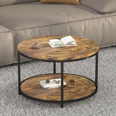 Imagem de NSdirect Mesa de centro redonda, mesa de centro pequena de 65 cm para sala de estar, mesa de madeira rústica de 2 camadas com prateleira de armazenamento, móveis domésticos de design moderno (marrom)