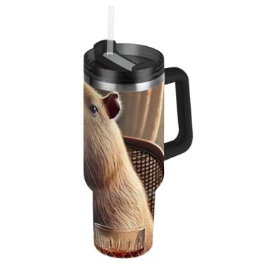 Imagem de Joisal Copos de luxo Capybara para noite de charuto com tampa e canudos, garrafas de água isoladas de aço inoxidável, copo de 850 g com alça de viagem, à prova de vazamento, carros caneca de café