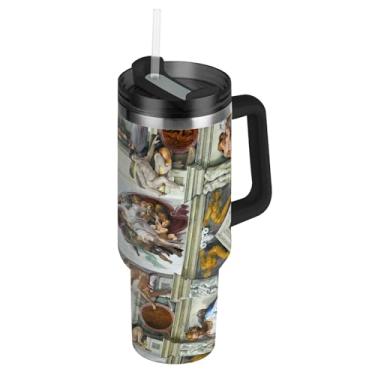 Imagem de Joisal Copo Michelangelo Paint Teto Capela Sistina com tampa e canudos à prova de vazamento 1,134 g copo com alça garrafas de água isoladas carros de aço inoxidável caneca de café bebida quente
