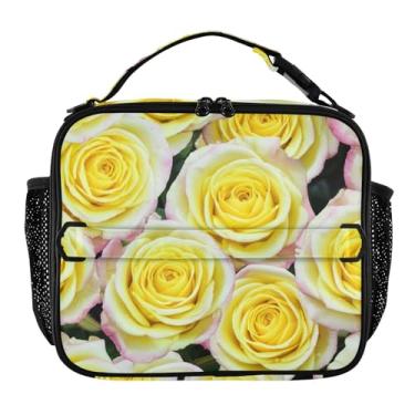 Imagem de Joisal Lancheira de rosas amarelas pálidas bordas rosa para mulheres, meninas, lancheira masculina e infantil, lancheira para trabalho, bolsa térmica para adultos