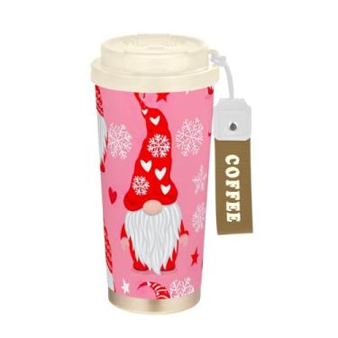 Imagem de TSENQUE Copo de café de 473 ml com canudo e tampa de filp, copo de café de viagem de aço inoxidável à prova de vazamento para escritório, escola, festa, acampamento, gnomo de Natal, vermelho, rosa