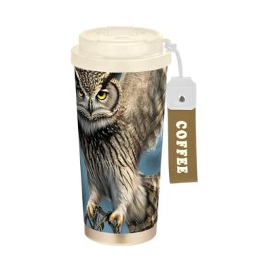 Imagem de TSENQUE Caneca de café de viagem de 473 ml com tampa de canudo e filp, caneca de café de aço inoxidável isolada a vácuo à prova de vazamento, arte de coruja majestosa