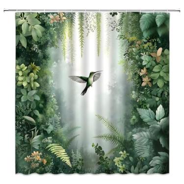 Imagem de WUASDCS Cortina de chuveiro floresta tropical paisagem de jardim encantado beija-flor verde folhas botânicas selva neblina tema natureza decoração de banheiro cortinas de tecido poliéster com gancho