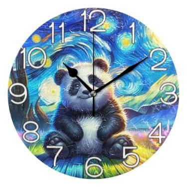 Imagem de Relógio de parede analógico decorativo operado por bateria para quarto e cozinha, decoração moderna de meados do século, urso panda fofo, noite estrelada, 25 cm, ponteiros pretos