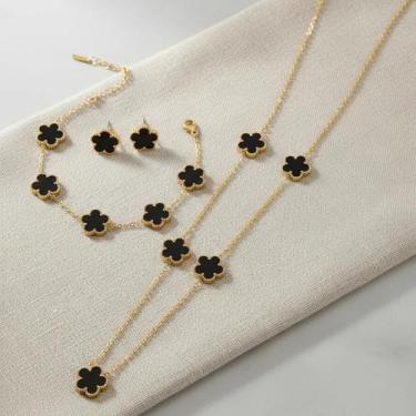 Imagem de Kit Cordão + Pulseira + par de Brincos Trevo Preto Feminino - Banhado 