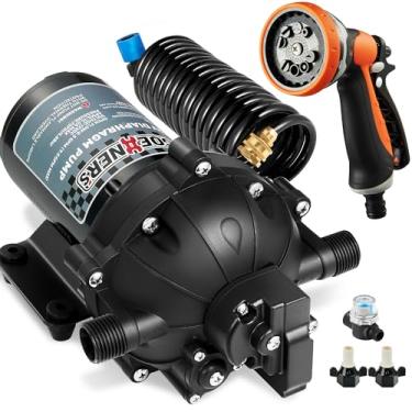 Imagem de [Versão atualizada] Bomba de água doce com pistola de pulverização, bomba de água de 12 V DC, 6,5 GPM 70 PSI bomba de água de diafragma autoescorvante de cinco câmaras com interruptor de pressão