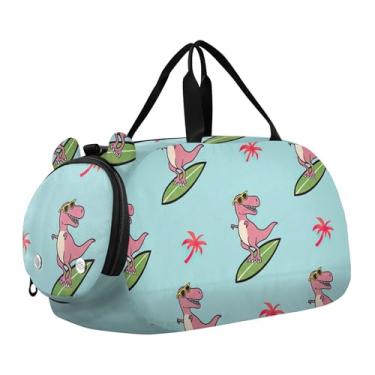 Imagem de Bolsa esportiva para meninos durante a noite para o fim de semana, bolsa de viagem para meninas, bolsa esportiva para crianças, amarelo, girassol, preto, branco, grade, Desenho animado T Rex azul