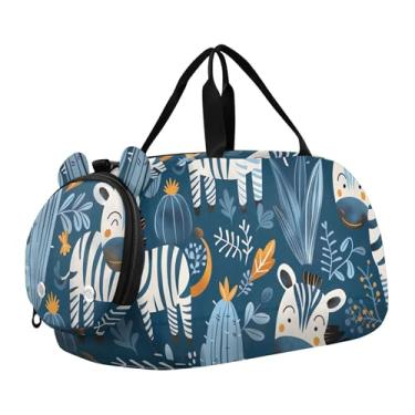 Imagem de Bolsa esportiva para meninos com borboletas roxas, bolsa esportiva de fim de semana, para uso noturno, para viagens, crianças, bolsa esportiva, Zebras de desenho fofo azul cacto, Clássico