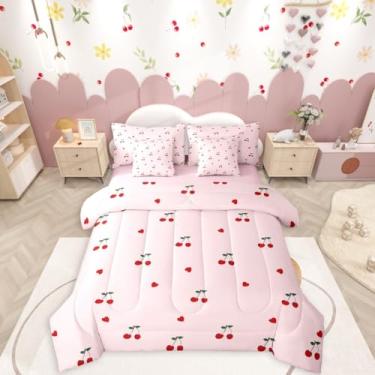 Imagem de Erosebridal Jogo de cama infantil casal, cereja vermelha, 7 peças, estampa de cereja fofa, conjunto de cama com estampa de cereja fofa em uma bolsa, conjunto de cama inclui edredom, conjunto de lençol