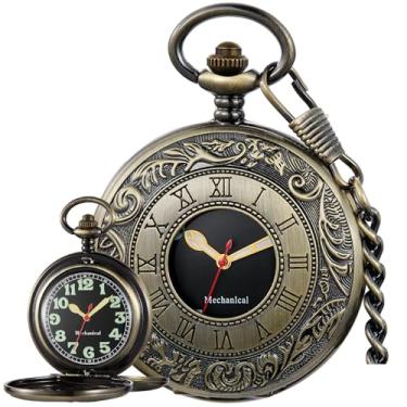 Imagem de Alwesam Relógio masculino mecânico com caixa de design vintage, mostrador duplo, algarismos romanos, relógio de bolso com corrente e caixa, bronze-55, presente