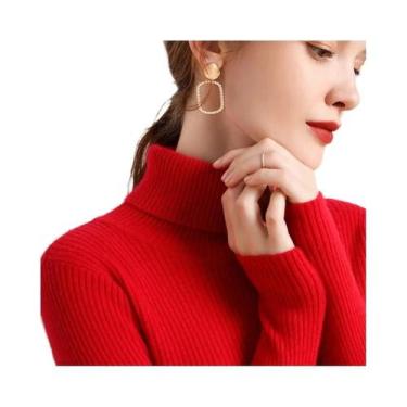 Imagem de Suéter Feminino De Tricô Macio Com Gola Alta, Ajuste Slim, Cor Sólida,