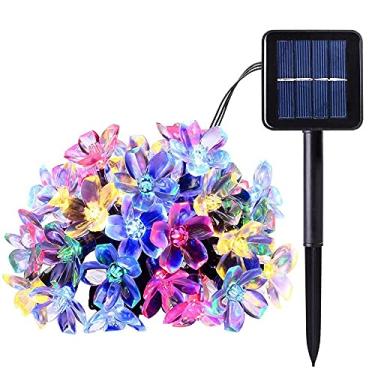 Imagem de Luzes de fita com flores cerejeira alimentadas por energia solar 50 LEDs Decorações mágicas para jardim pátio cerca árvore