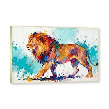 Imagem de NHLDZYH Moldura dourada. Quadro abstrato de leão - arte moderna com salpicos de cor vibrante - arte de parede energética para casa, escritório ou negócios - tela decorativa. A37. 60 x 90 cm.