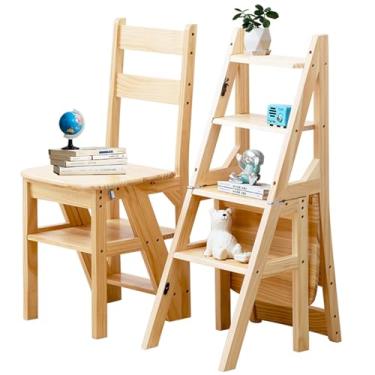 Imagem de Ribanedy Cadeira dobrável 3 em 1 de madeira maciça, banco conversível e suporte de exibição, escada multifuncional de 4 níveis, dupla finalidade para casa, cozinha, biblioteca, capacidade de 120 kg