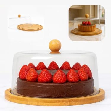 Imagem de Boleira de Bambu com Tampa Formato Redonda Servir Porta Bolos Tortas Pegador Cupula Transparente Prato Paes Premium Bandeja Doceira Sobremesa Proteção Decoração Cozinha Bancada Mesa Madeira Acrilico