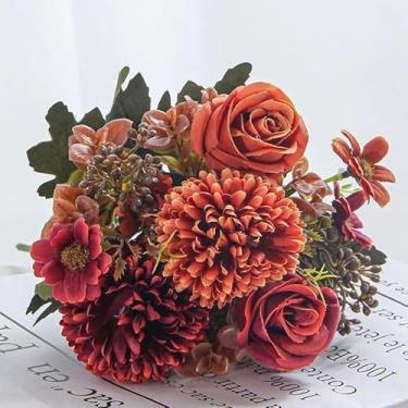 Imagem de Arranjo de Rosas Artificiais Decorativas | Flores Artificiais para Casamento e Natal | Decoração para Todos os Feriados(Pôr do sol vermelho-2S,4 Unidades)