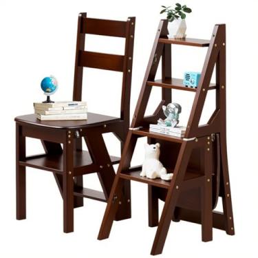 Imagem de Cadeira dobrável 3 em 1 de madeira maciça, banco conversível e suporte de exibição, escada multifuncional de 4 níveis, dupla finalidade para casa, cozinha, biblioteca, capacidade de 120 kg (cor
