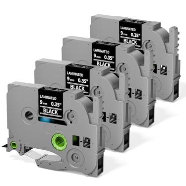 Imagem de Oozmas Fita adesiva de 9 mm branca sobre preta substituição para TZe-325 9 mm 3/8 (0,35) polegadas laminada TZE TZ fita compatível com Brother P-Touch PTH100 PTD200 PTD210 PTD400, pacote com 4